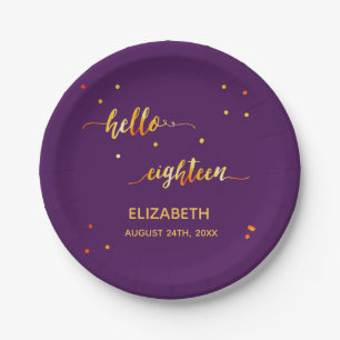 18th birthday purple black hello 18 script name paper plate