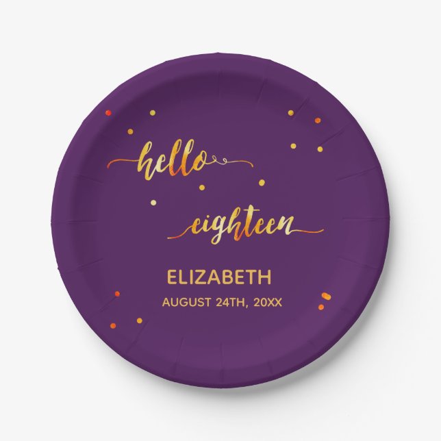 18th birthday purple black hello 18 script name paper plate (Front)