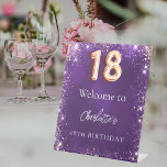 18th birthday purple glitter sparkles welcome pedestal sign<br><div class="desc">A welcome sign for a girly and glamourous 18th birthday party.  A deep purple background decorated with faux glitter,  sparkles. The purple colour is uneven. Personalise and a name.</div>