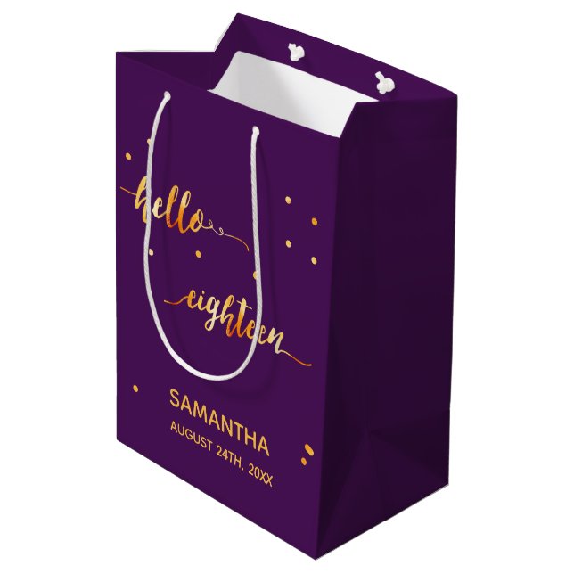 18th birthday purple gold hello 18 script name medium gift bag (Back Angled)