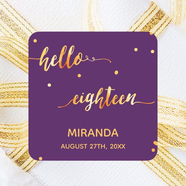 18th birthday purple gold hello 18 script name square sticker (Creator Uploaded)