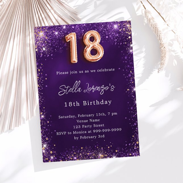 18th Birthday purple rose gold luxury Invitation (Creator Uploaded)