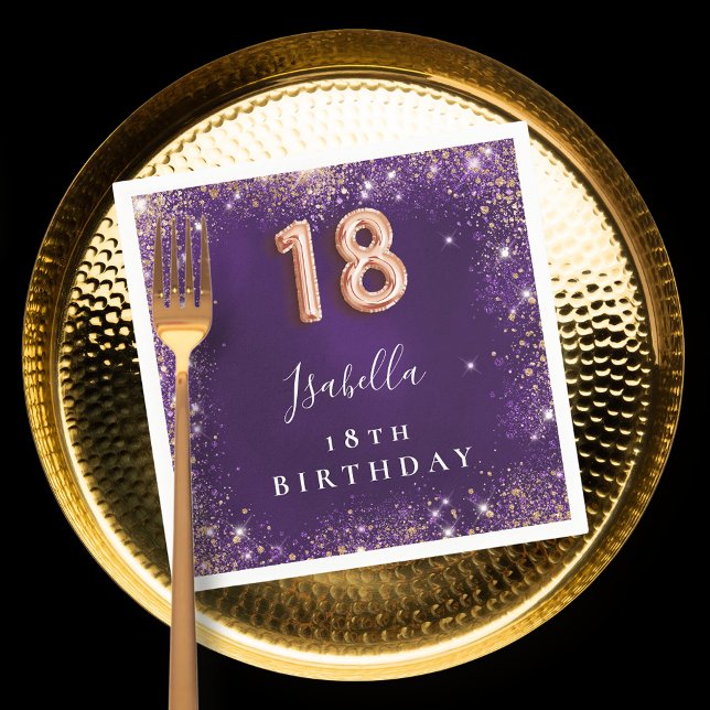 18th birthday purple rose gold sparkles name napkin (Creator Uploaded)