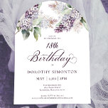 18th Birthday Purple Spring Lilac Flower Arch Invitation<br><div class="desc">Soft watercolor purple lilacs create a pretty springtime 18th birthday invitation. The calligraphy adds an elegant aesthetic. This 18th birthday invitation is available in both traditional cardstock and a downloadable version. It is part of the Purple Spring Lilac Flower collection. It lets you choose a theme and then easily create...</div>
