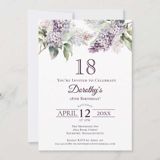 18th Birthday Purple Spring Lilac Flower Invitation (Front)