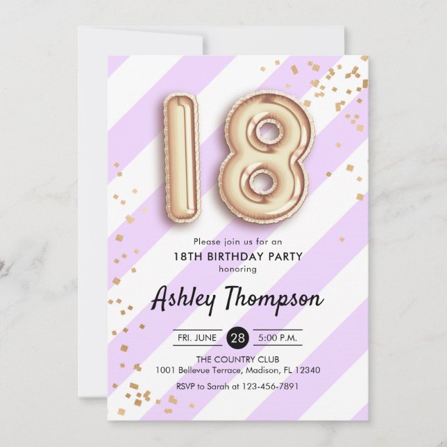 18th Birthday - Purple Stripes Gold Balloons Invitation (Front)