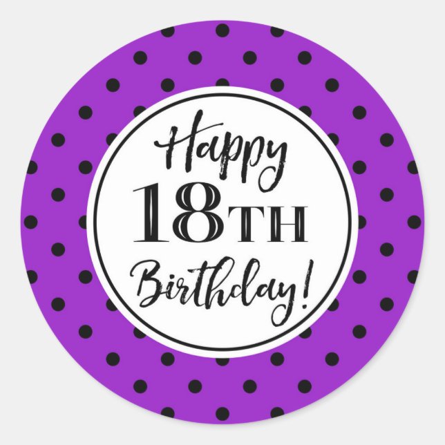 18th Birthday Purple White Black Dots Classic Round Sticker (Front)