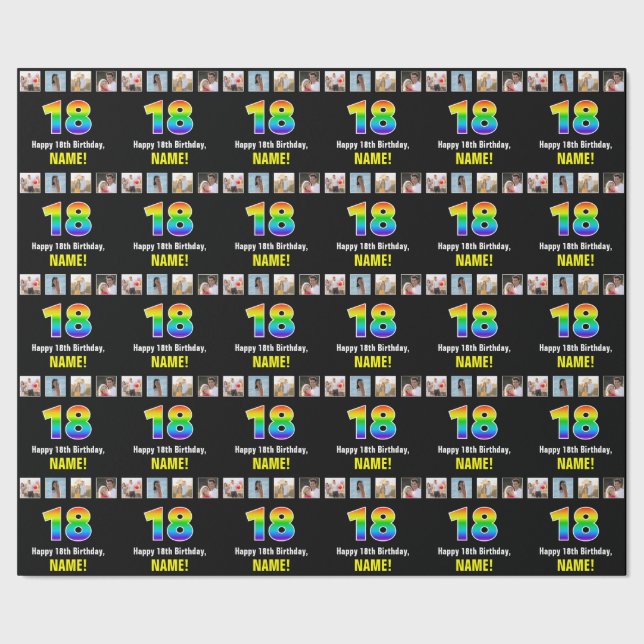 18th Birthday: Rainbow “18“; Custom Photos & Name Wrapping Paper (Seam)