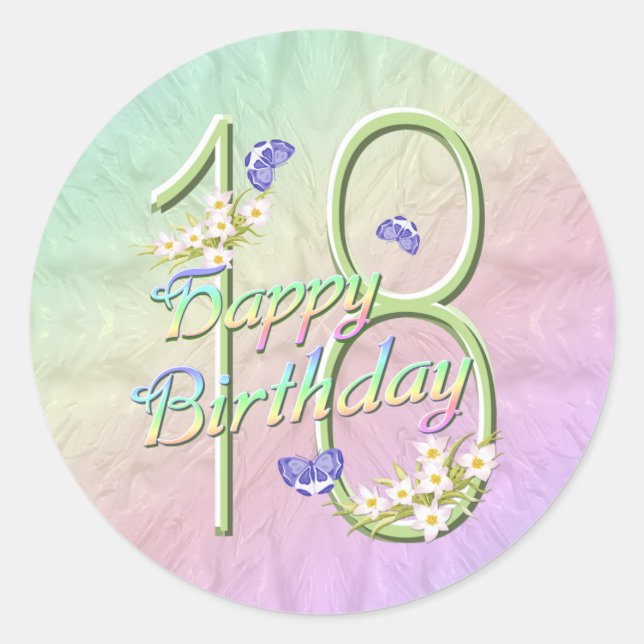 18th Birthday Rainbow and Butterflies Round Sticke Classic Round Sticker (Front)