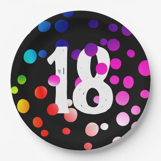 18th Birthday Rainbow Dots on Black Paper Plate (Front)
