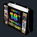 18th Birthday: Rainbow Text, Custom Photos & Name Large Gift Bag<br><div class="desc">This eye-catching and cheerful birthday themed gift bag design features the message “HAPPY 18TH BIRTHDAY, “ with the text having a multicolored rainbow spectrum inspired gradient pattern, along with a custom recipient name. To the left and the right of the rainbow-patterned message on the front are some photos that can...</div>