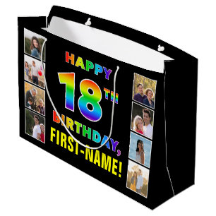 18th Birthday: Rainbow Text, Custom Photos & Name Large Gift Bag