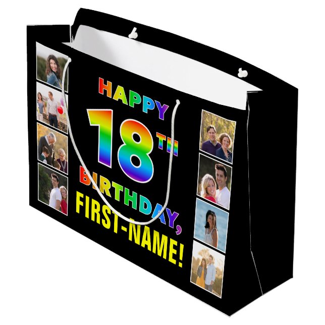 18th Birthday: Rainbow Text, Custom Photos & Name Large Gift Bag (Back Angled)