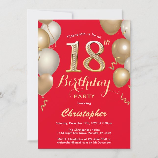 18th Birthday Red and Gold Balloons Confetti Invitation (Front)