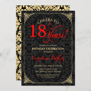 18th Birthday - Red Gold Black Damask Invitation