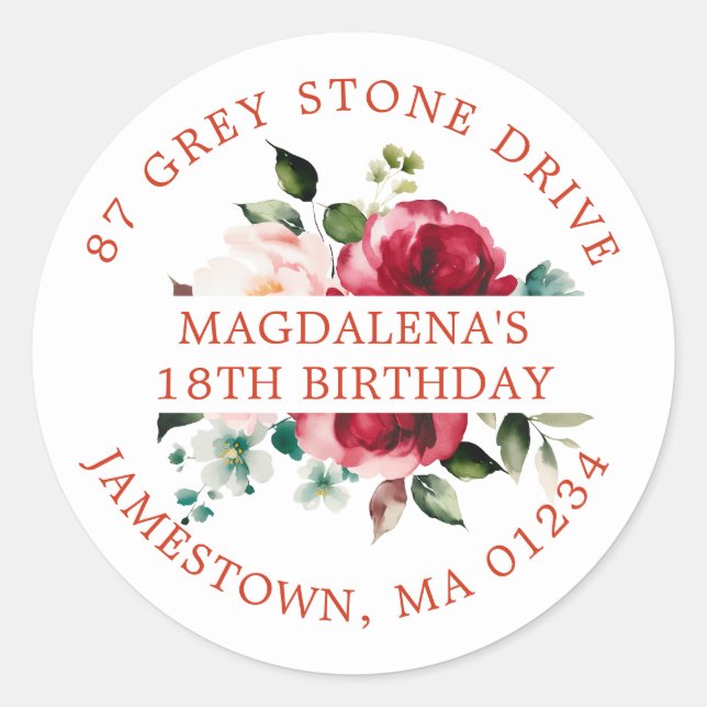 18th Birthday Rose Floral Return Address Label (Front)