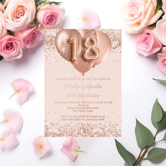 18th birthday rose gold balloons invitation (Creator Uploaded)