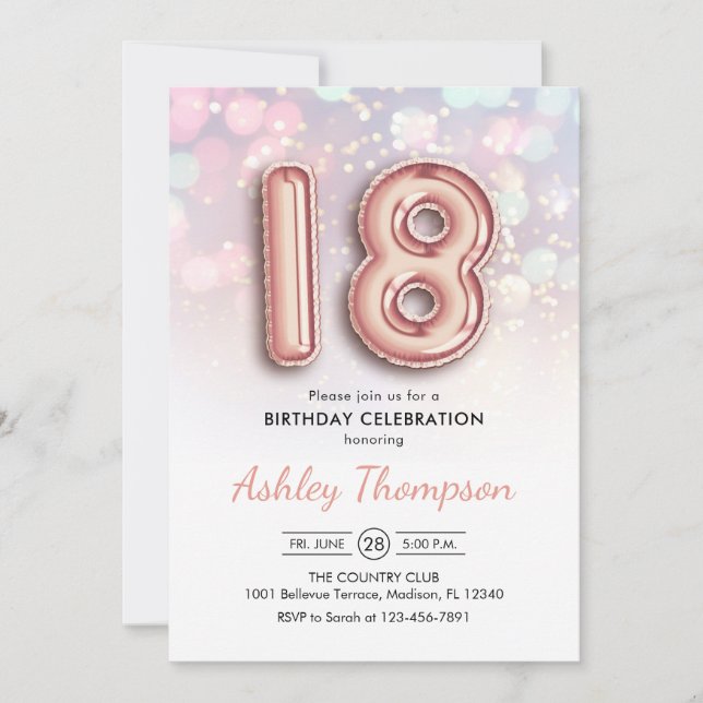18th Birthday - Rose Gold Balloons Pink Lights Invitation (Front)