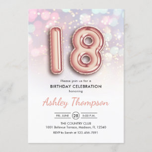 18th Birthday - Rose Gold Balloons Pink Lights Invitation