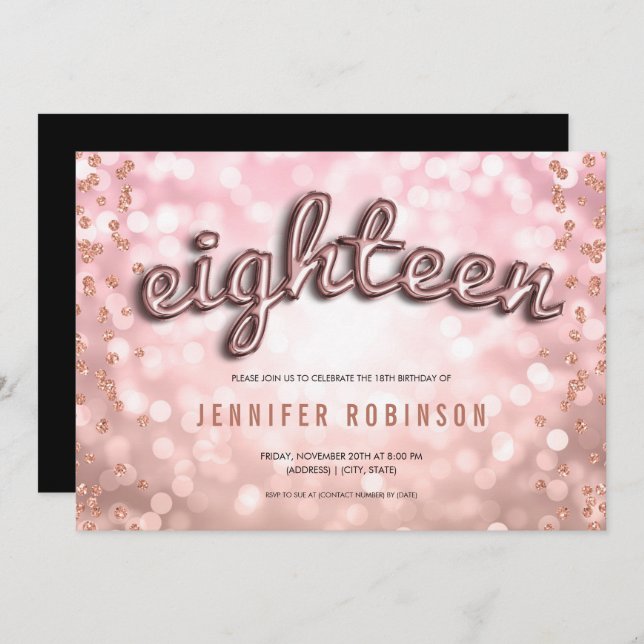 18th Birthday Rose Gold Blush Balloons Glitter Invitation (Front/Back)