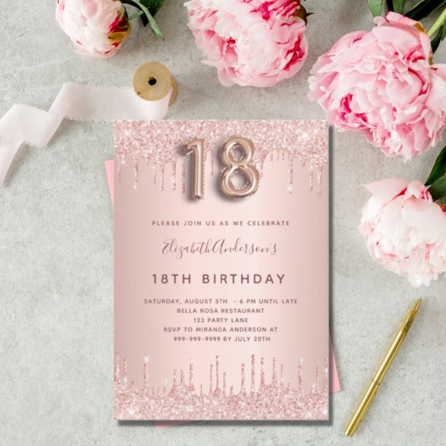 18th Birthday rose gold blush glitter drips Invitation (Creator Uploaded)