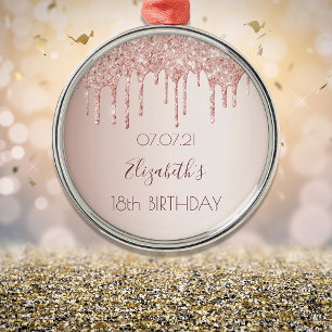 18th birthday rose gold blush glitter drips metal ornament
