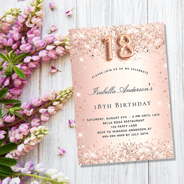 18th birthday rose gold blush glitter dust invitation postcard (Creator Uploaded)