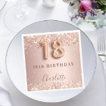 18th birthday rose gold blush glitter name napkin<br><div class="desc">Elegant, classic, glamourous and girly for a 18th birthday party. Rose gold and blush gradient background. Decorated with rose gold, faux glitter, sparkles. Personalise and add a name. The name is written with a modern dark rose coloured hand lettered style script. Number 18 is written with a balloon style font....</div>