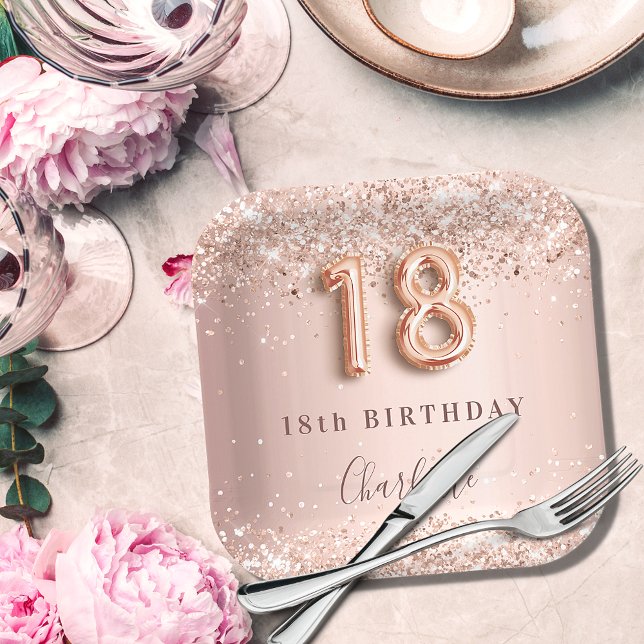 18th birthday rose gold blush glitter name paper plate (Creator Uploaded)