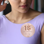 18th birthday rose gold blush glitter name tag 3 cm round badge<br><div class="desc">Elegant, classic, glamourous and girly name tag for a 18th birthday party. Rose gold and blush gradient background. Decorated with rose gold, faux glitter, sparkles. Personalise and add a name. The name is written with a modern dark rose coloured hand lettered style script. Number 18 is written with a balloon...</div>