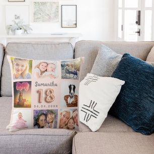 18th birthday rose gold blush pink photo collage cushion