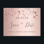 18th birthday rose gold blush stars save the date postcard<br><div class="desc">A feminine and glamourous Save the Date card for a 18th birthday party 18 years old. A feminine pink, rose gold faux metallic looking background decorated with faux rose gold sparkling stars. Templates for a date and your text. Dark rose gold coloured letters. The text: Save the Date is written...</div>