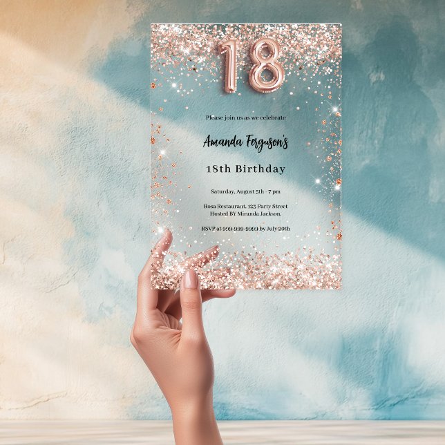 18th birthday rose gold clear party acrylic invitations (Creator Uploaded)