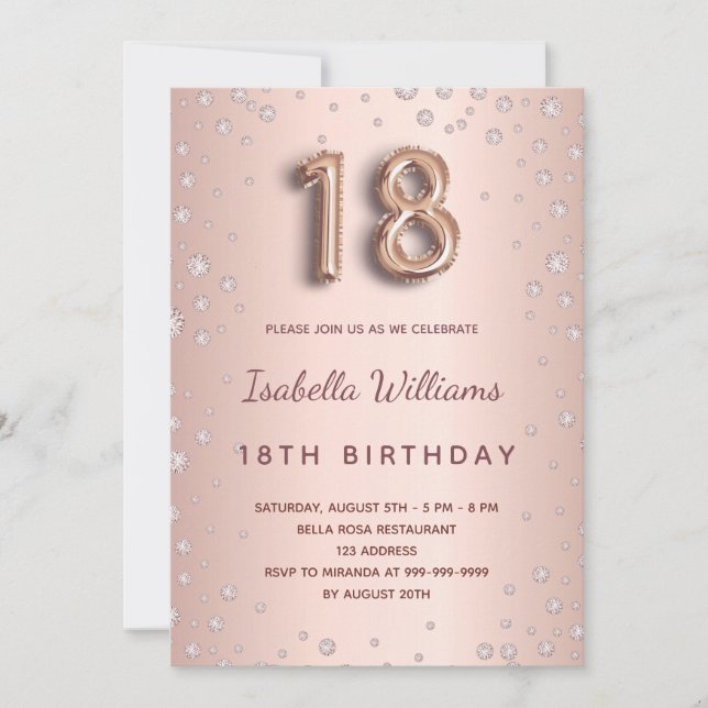 18th birthday rose gold diamons balloon script invitation (Front)