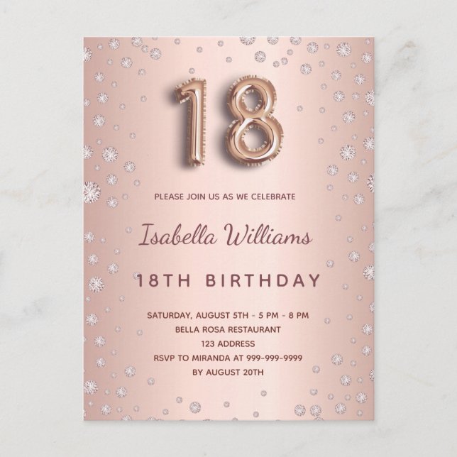 18th birthday rose gold diamons balloon script postcard (Front)
