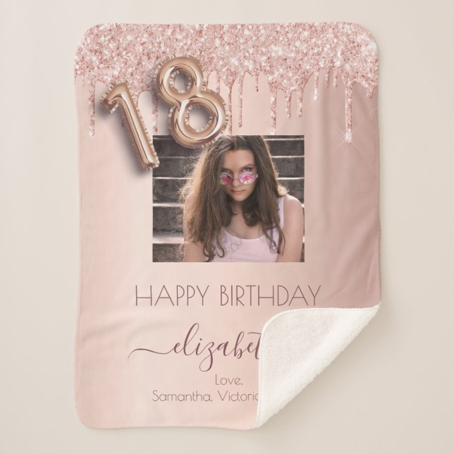 18th birthday rose gold friends photo drips sherpa blanket (Front)