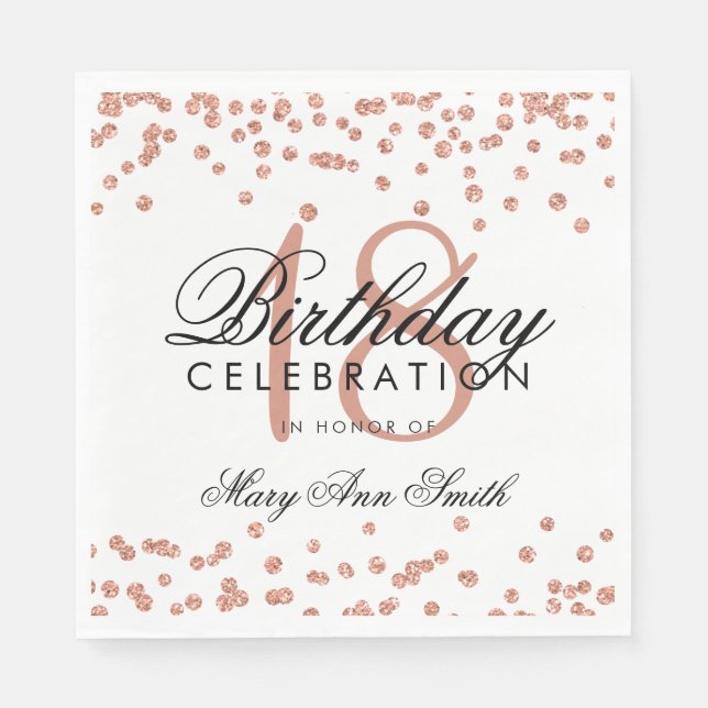 18th Birthday Rose Gold Glitter Confetti White Napkin (Front)