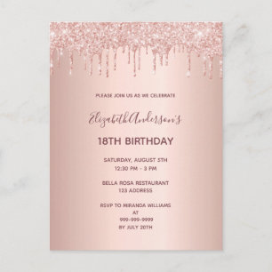 18th birthday rose gold glitter drip invitation postcard