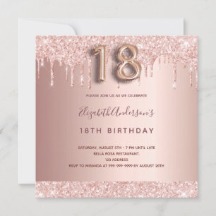 18th birthday rose gold glitter drips balloon text invitation
