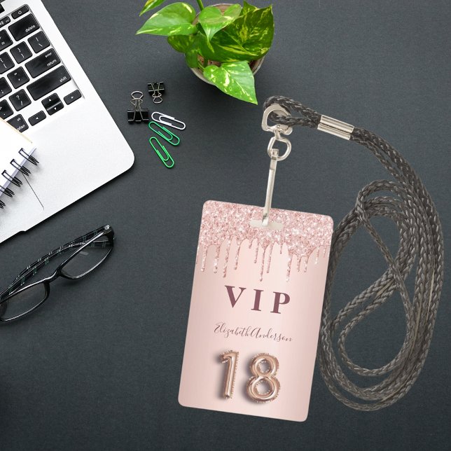 18th birthday rose gold glitter drips pink glam ID badge (Creator Uploaded)