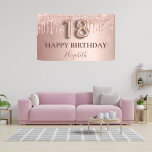 18th birthday rose gold glitter pink balloon style banner<br><div class="desc">Elegant, classic, glamourous and girly for a 18th birthday party. Rose gold and blush pink, gradient background. Decorated with rose gold, pink faux glitter drips, paint dripping look. Personalise and add a name. With the text: Happy Birthday plus the birthday girls name. The text is written with a modern dark...</div>
