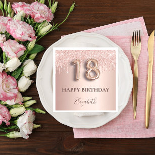 18th birthday rose gold glitter pink balloon style napkin