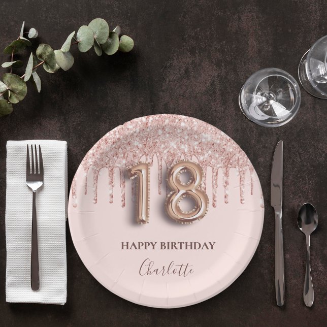 18th birthday rose gold glitter pink balloon style paper plate (Creator Uploaded)