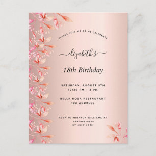 18th birthday rose gold pink floral invitation postcard
