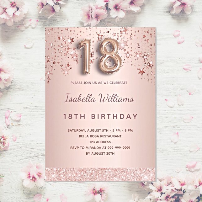 18th birthday rose gold pink stars balloon script invitation (Creator Uploaded)
