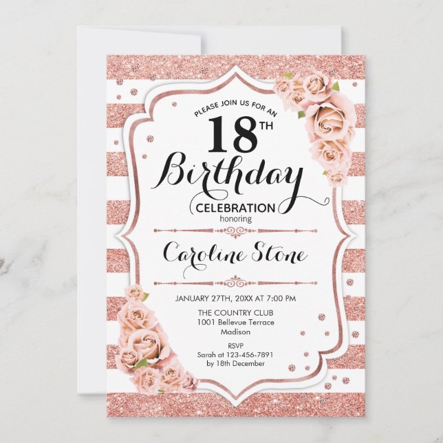 18th Birthday -  Rose Gold White Stripes Invitation (Front)