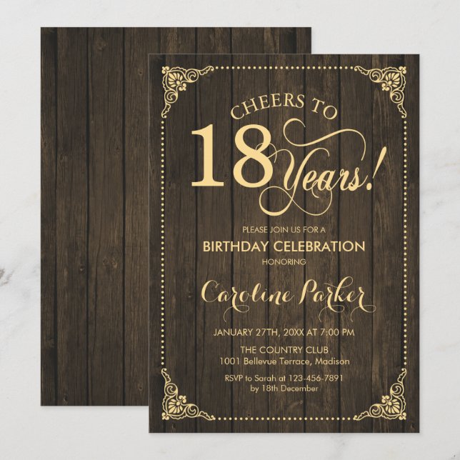 18th Birthday - Rustic Wood Gold Invitation (Front/Back)