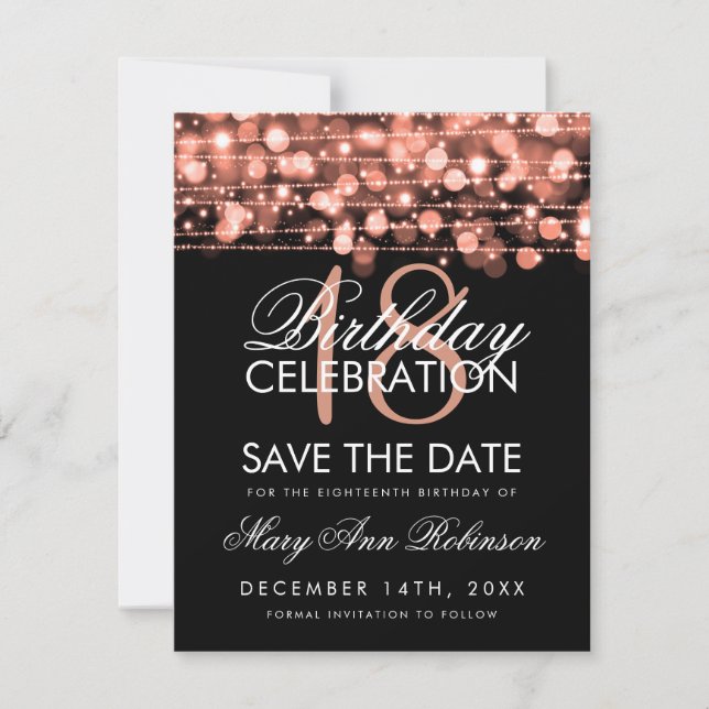 18th Birthday Save Date Party Sparkles Rose Gold Save The Date (Front)