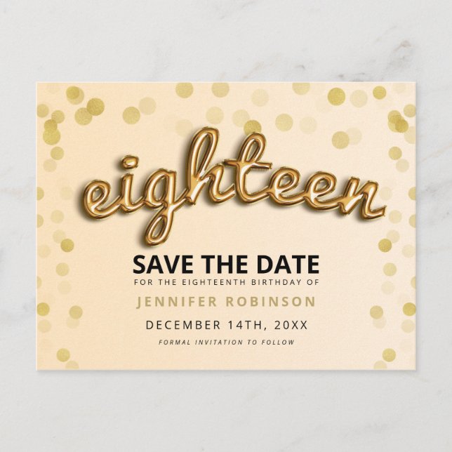 18th Birthday Save The Date Gold Balloons Glitter Announcement Postcard (Front)