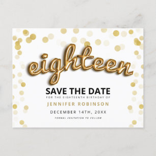 18th Birthday Save The Date Gold Balloons Glitter Announcement Postcard